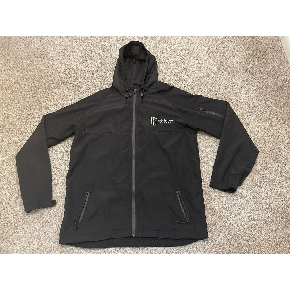 Monster Energy Jacket Mens XLarge Black Full Zip Windbreaker Hooded Coat